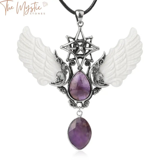 A close-up image of a Merkaba Water Drop Crystal Necklace featuring a natural stone pendant.