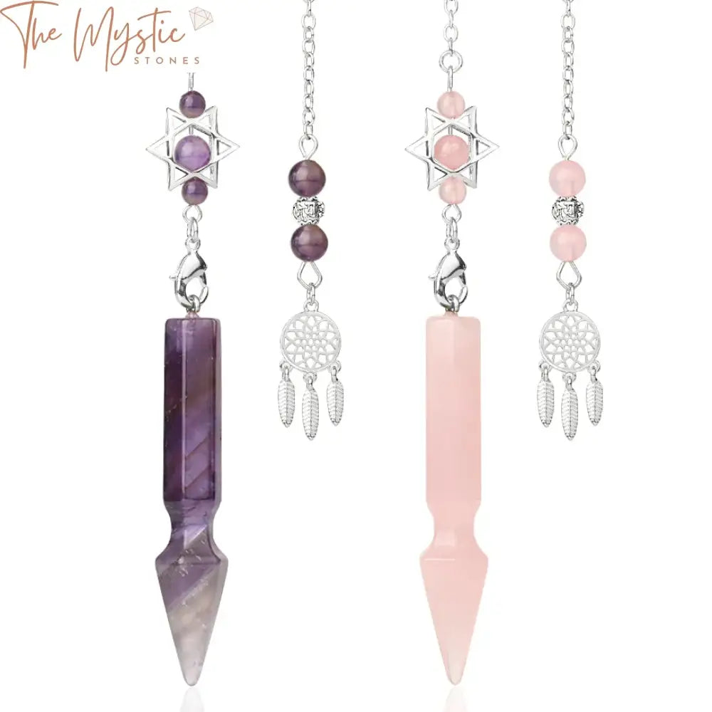 A collection of natural stone quartz pendulums, each uniquely shaped with a Merkaba star motif.