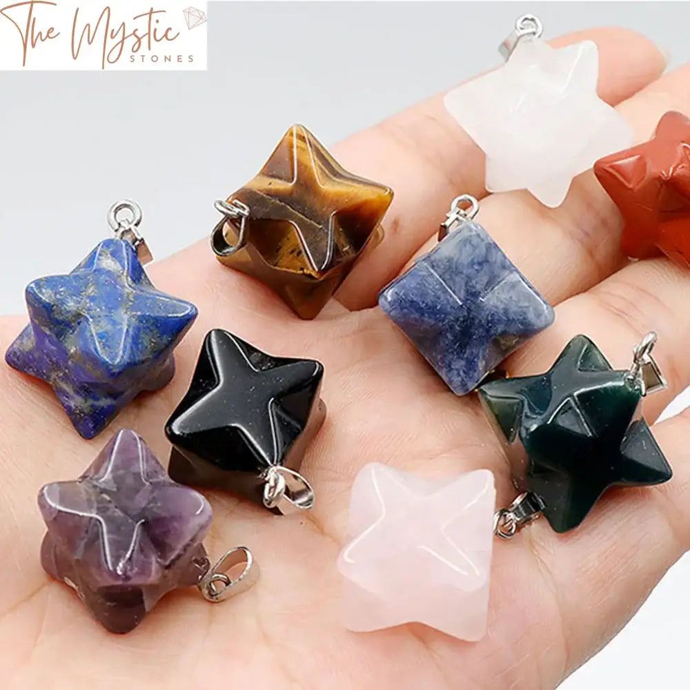 A polished Merkaba star pendant crafted from natural stone, showcasing a mix of earthy tones.