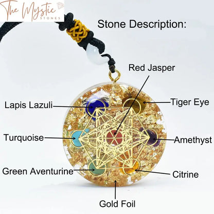 Metatron Cube Orgonite Pendant With 7 Chakra Stones And Gold Foil