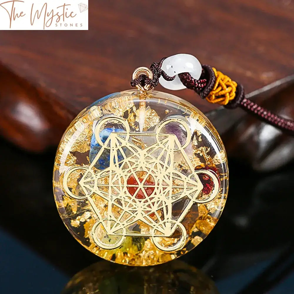 Metatron Cube Orgonite Pendant With 7 Chakra Stones And Gold Foil