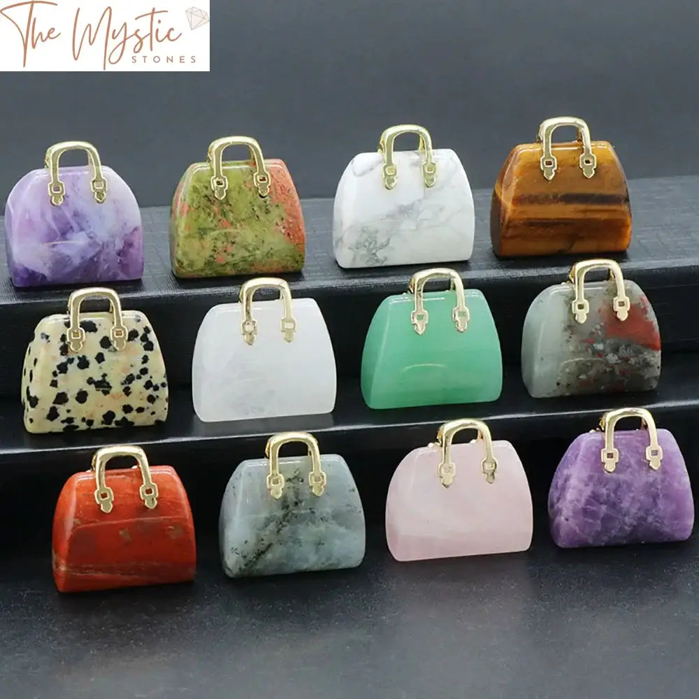 A collection of natural stone mini handbags carefully carved into unique shapes, each showcasing various hues and patterns.