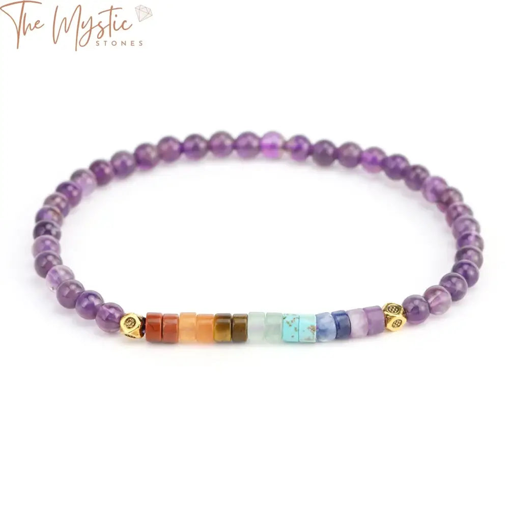 A delicate 4mm beaded bracelet featuring an array of natural stones representing the 7 chakras.