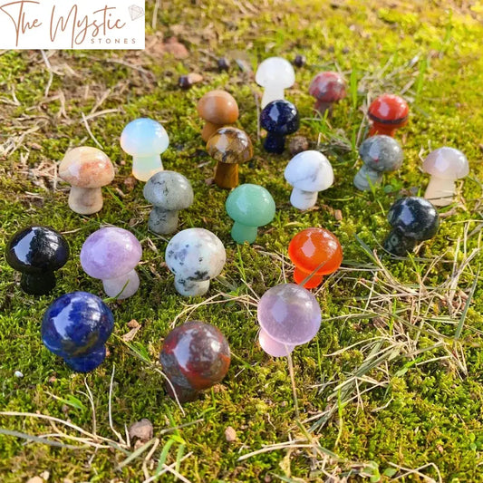 A collection of ten mini mushrooms carved from natural agate stones, featuring a variety of colors and patterns.