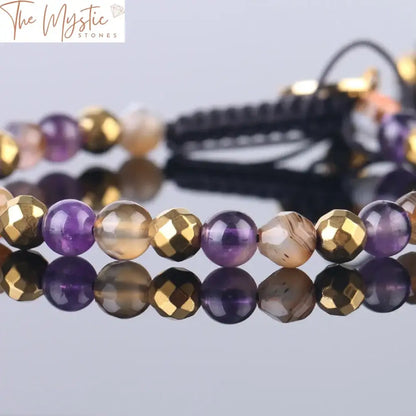 Mixed Purple Crystal & Onyx Bracelet - Adjustable Gold-Tone Bangle