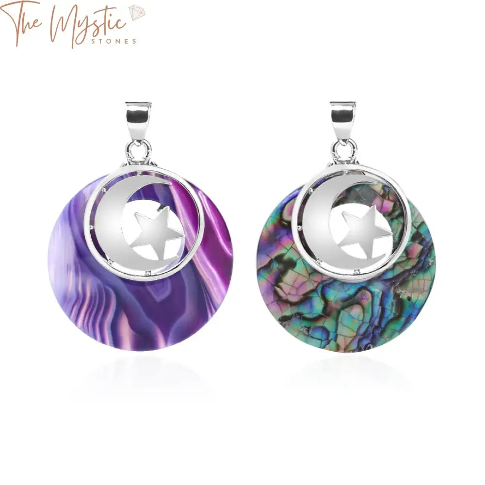 Elegant round pendants showcasing a mystical fusion of natural stones like abalone shell, agates, onyx, opal, and howlite.