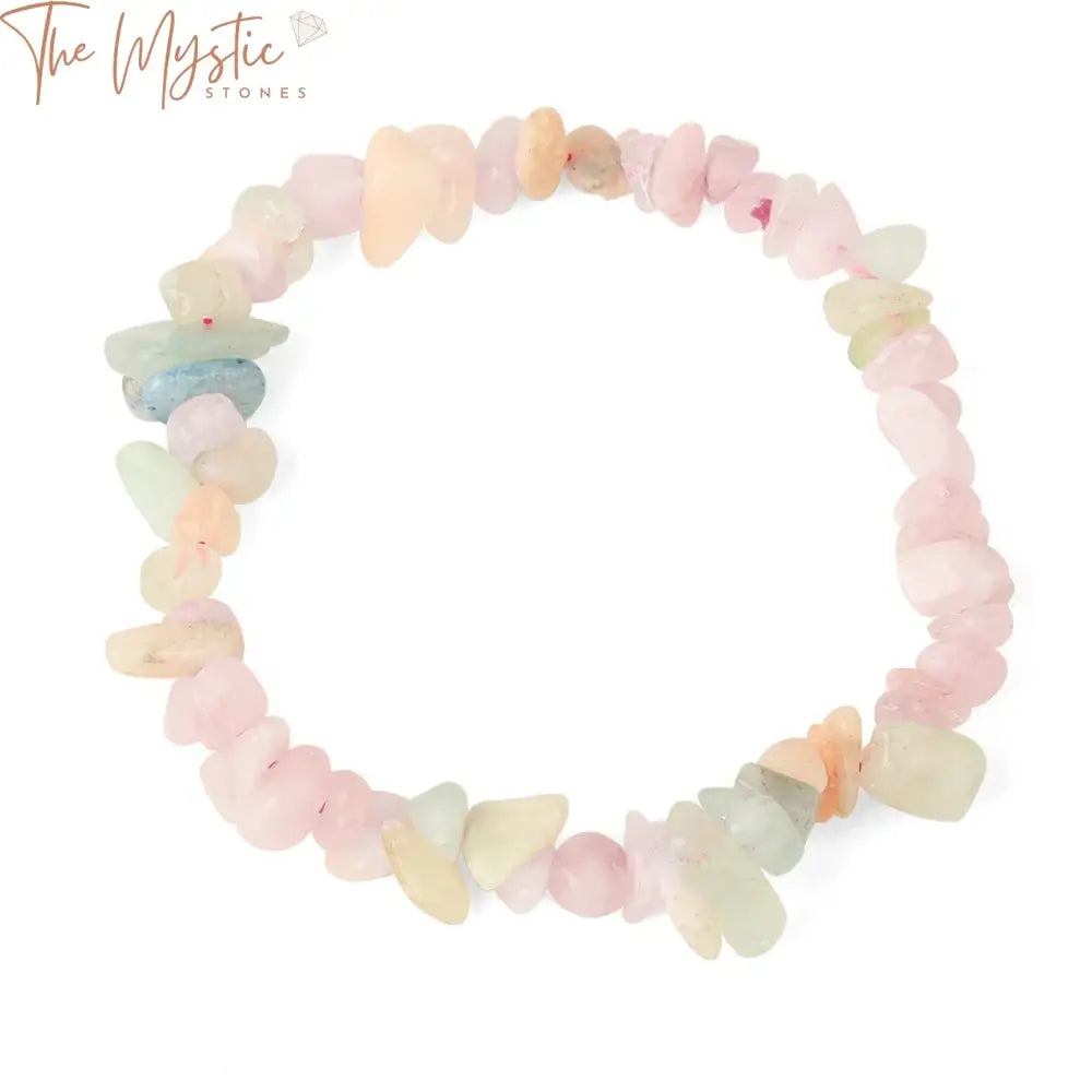 A collection of natural stone strand bracelets featuring mixed color morganite irregular chip beads.