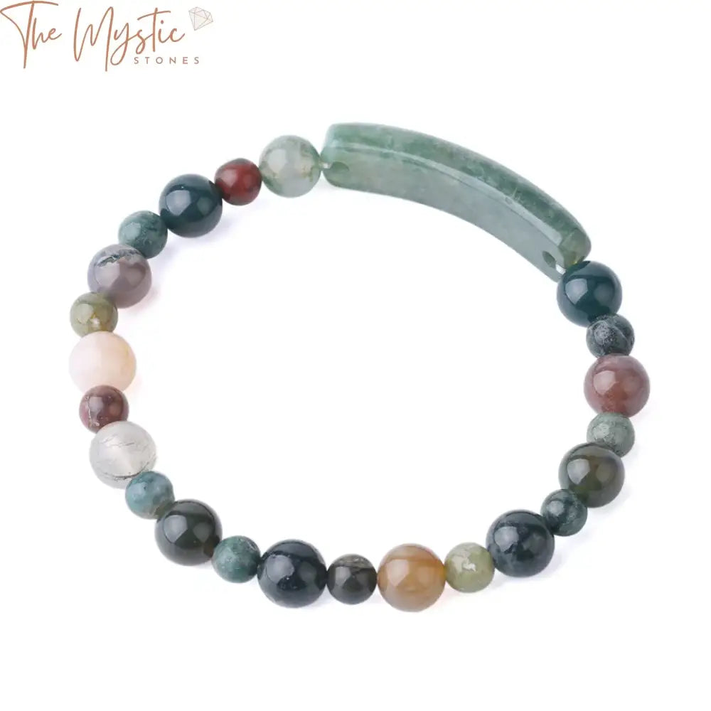 A close-up image of a bracelet featuring an alternating pattern of round and rectangle-shaped moss agate beads.