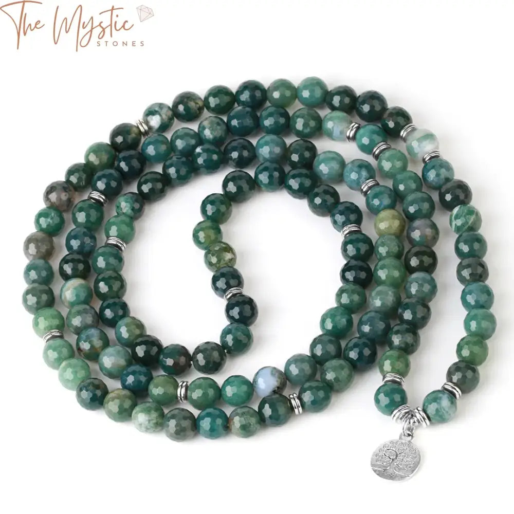 A multi-strand bracelet featuring 10 mm faceted moss agate beads with natural variations in green hues.