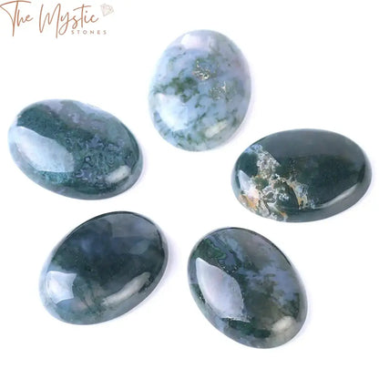 A single moss green agate cabochon with natural stone patterns, showcasing a unique blend of lighter green and earthy tones.