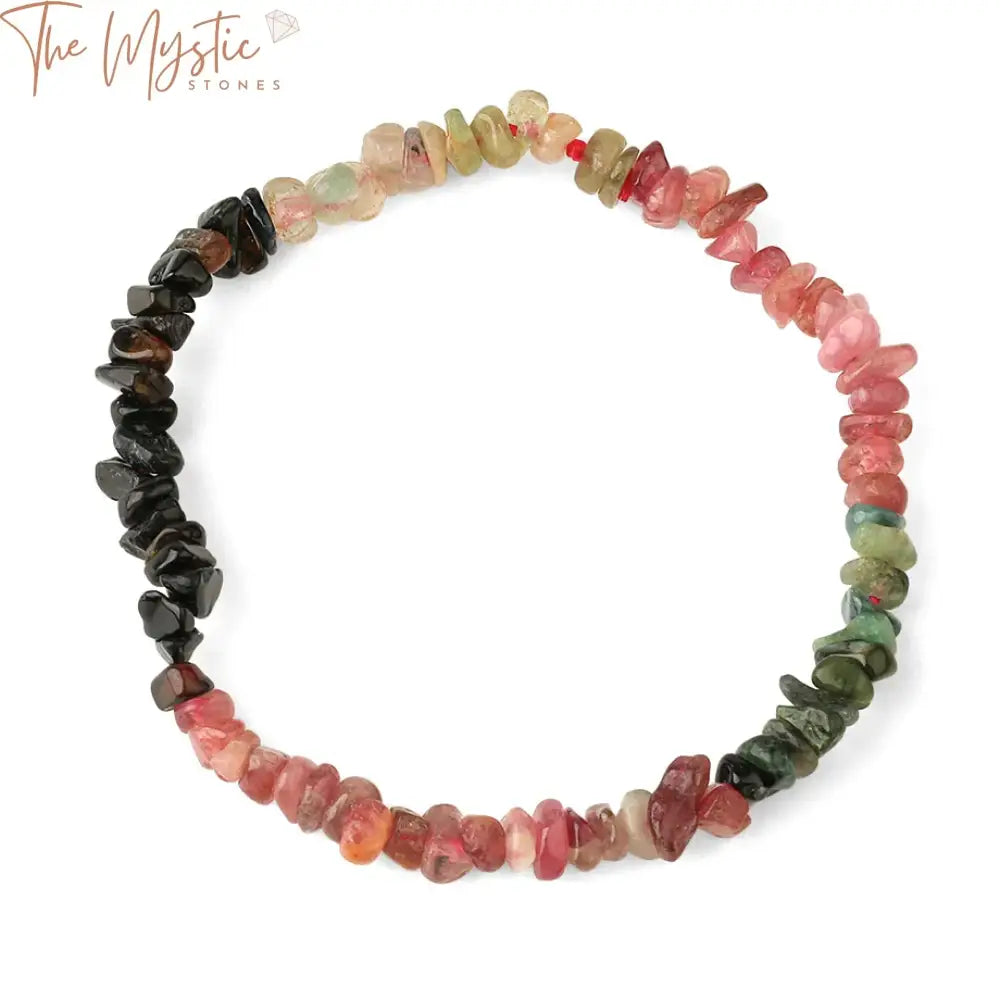 A collection of multicolor tourmaline bracelets, featuring natural stone raw mineral chip beads.