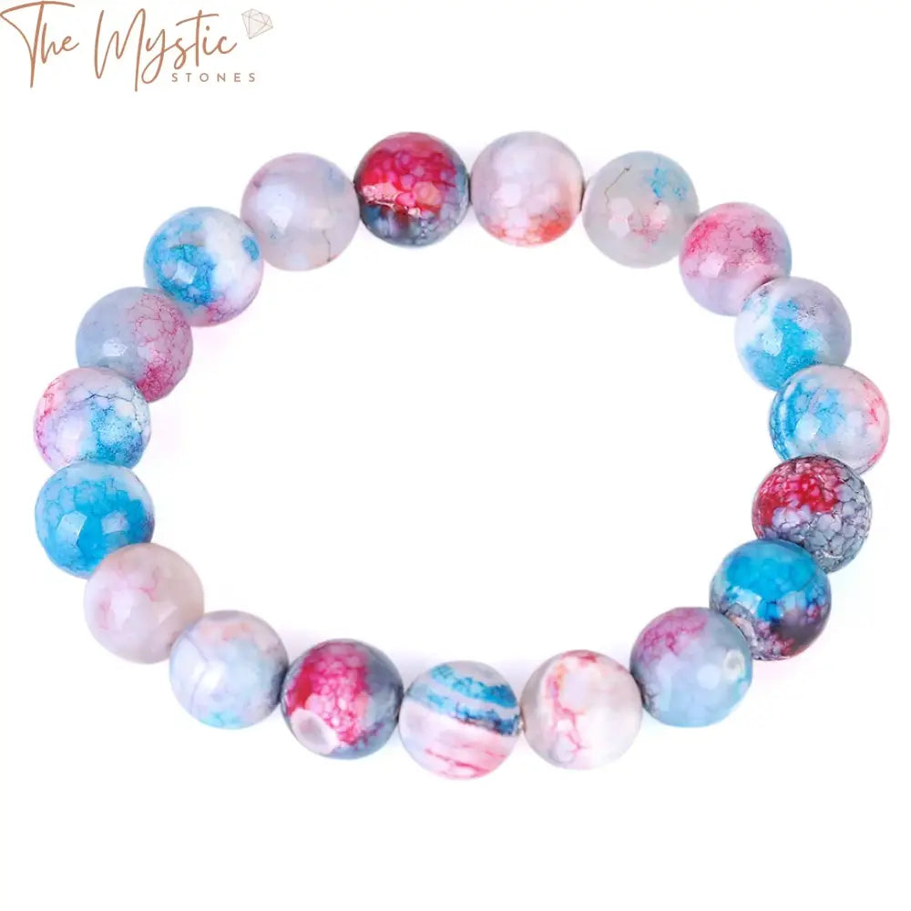 A vibrant onyx bracelet composed of 10mm round, multifaceted, and cut agate beads featuring a mix of vivid colors.