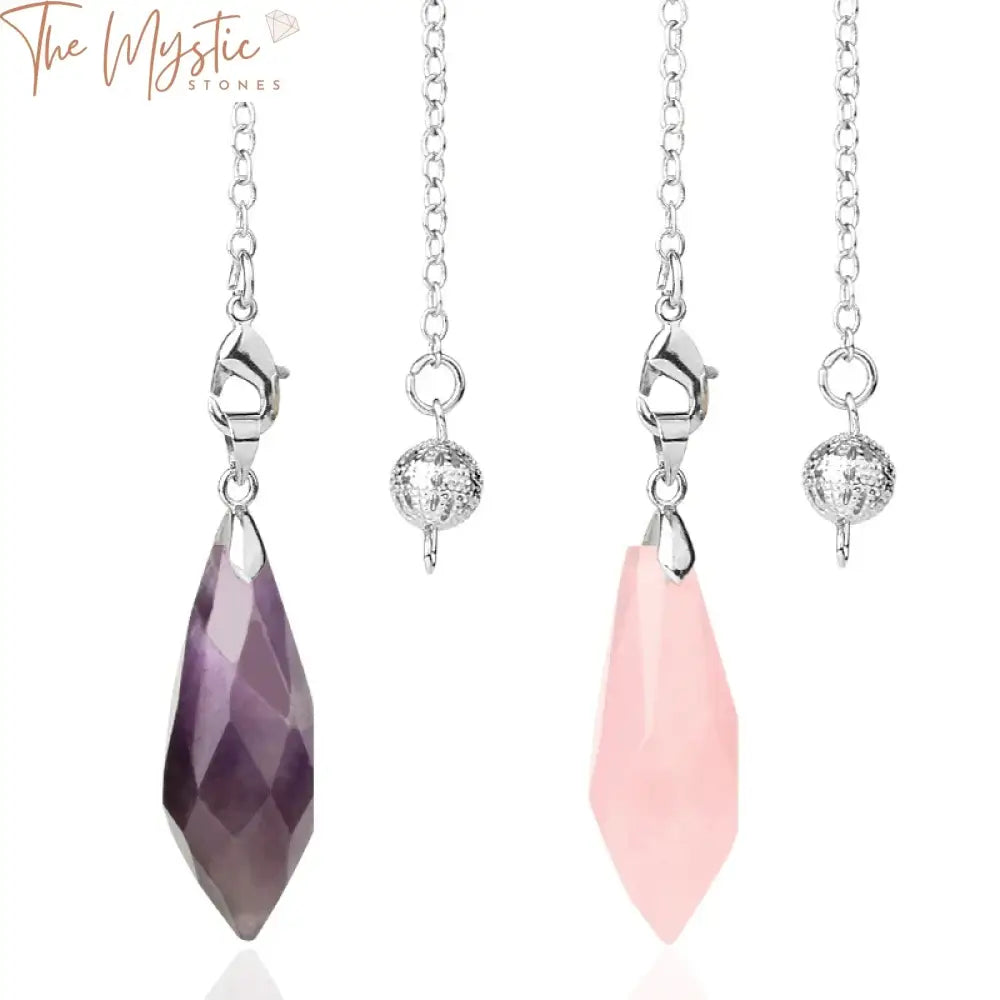 A multifaceted water drop-shaped pendulum crafted from pink quartz and obsidian, designed for dowsing and divination.