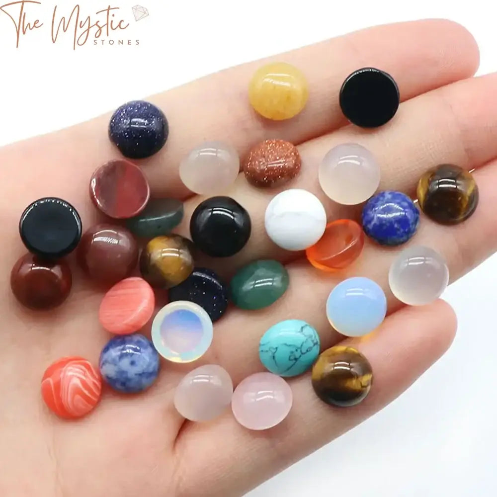 A set of 10 flatback natural stone agate cabochons, each measuring 10mm in diameter.