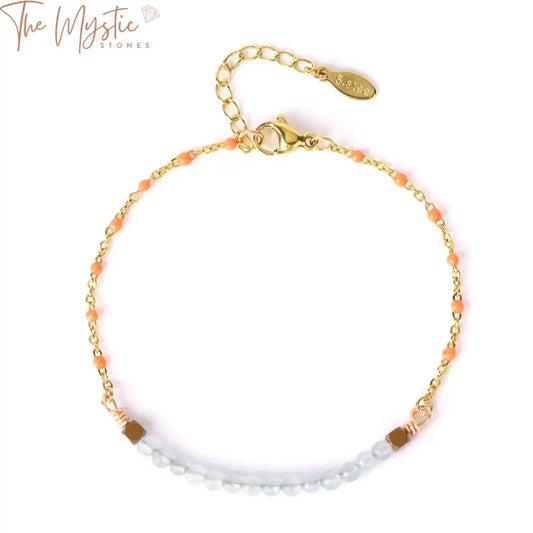 A fashion stainless steel bracelet with natural crystal stone beads in various colors, arranged along a delicate gold chain.