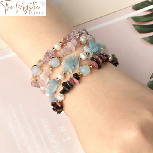 A vibrant bracelet featuring a mix of colorful chip beads and pearls, showcasing an array of natural gemstones and quartz.