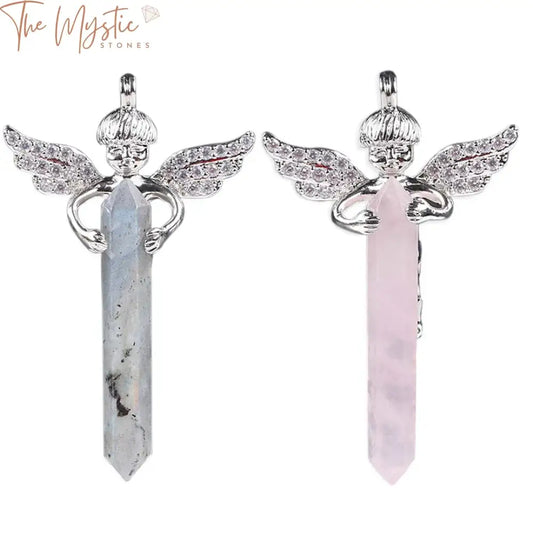 Natural Crystal Hexagonal Sword Pendant With Angel Wings