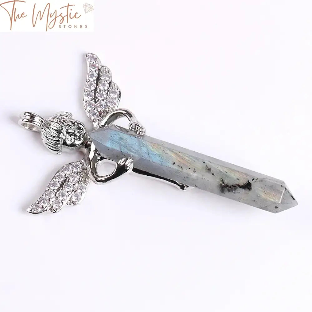 Natural Crystal Hexagonal Sword Pendant With Angel Wings