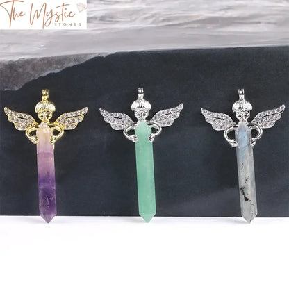 Natural Crystal Hexagonal Sword Pendant With Angel Wings