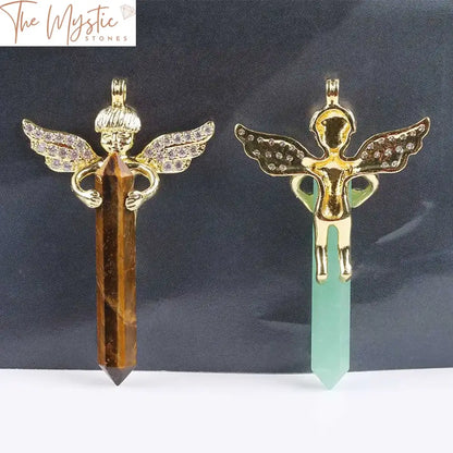 Natural Crystal Hexagonal Sword Pendant With Angel Wings