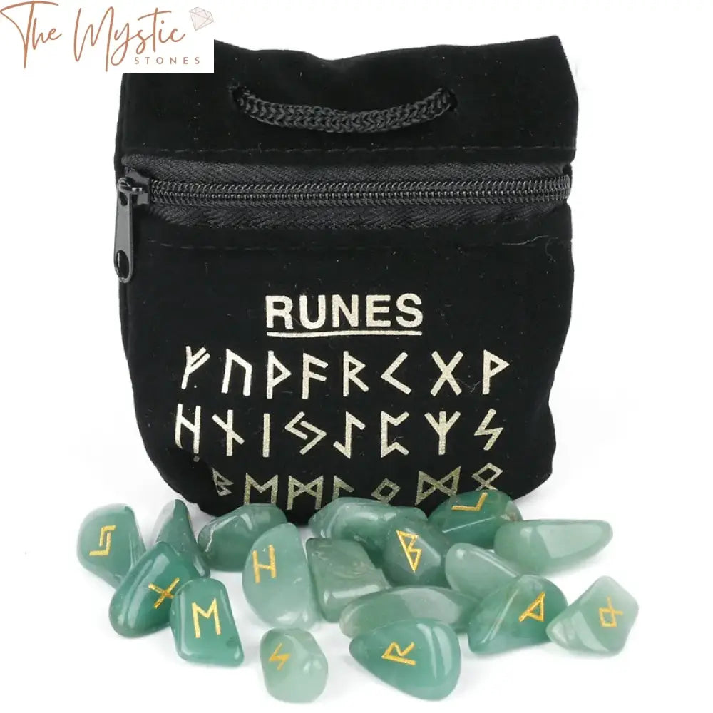 A collection of 25 natural crystals, each engraved with a rune symbol.