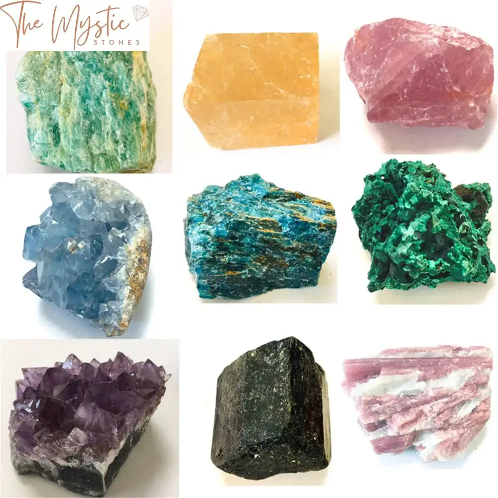 Natural Gemstone Collection: Quartz Celestine Amethyst Tourmaline & Malachite Specimens