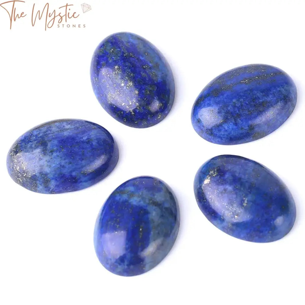 An image showcasing a single natural Lapis Lazuli cabochon gemstone.