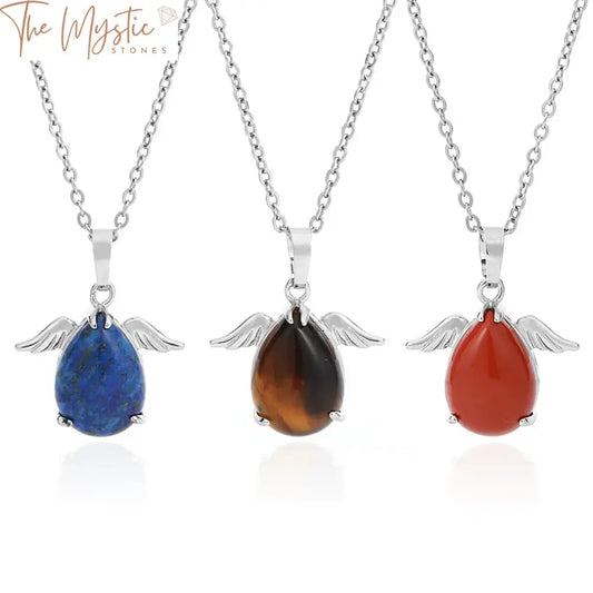 A delicate angel wing necklace featuring a water drop-shaped pendant crafted from healing pink quartz crystal.