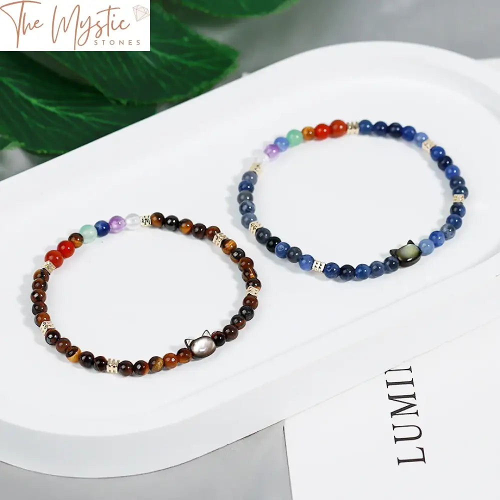 Natural Stone Cat Charm Chakra Bracelet