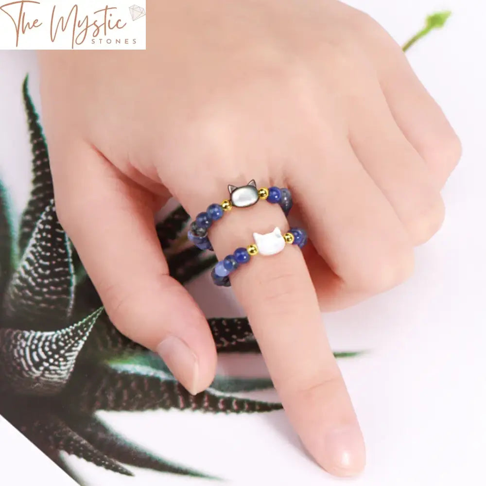 Natural Stone Cat Charm Ring