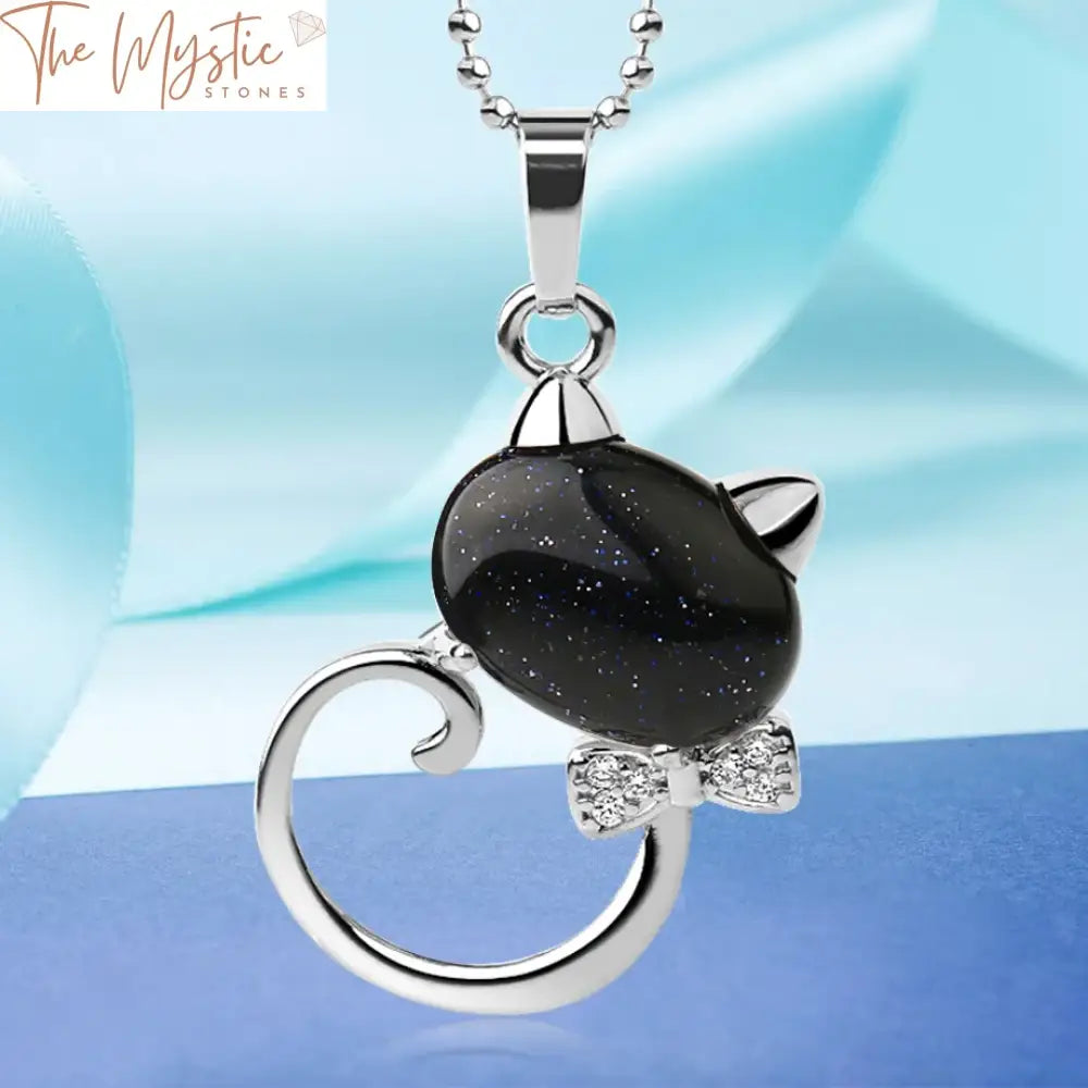 Natural Stone Cat Pendant Necklace With Zircon Bow