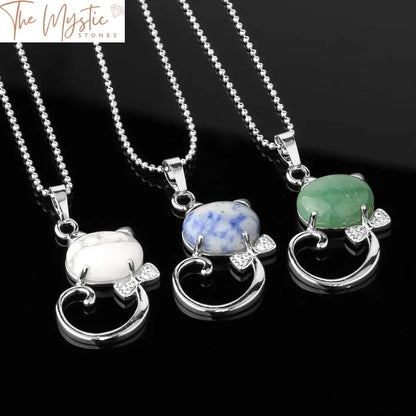 Natural Stone Cat Pendant Necklace With Zircon Bow