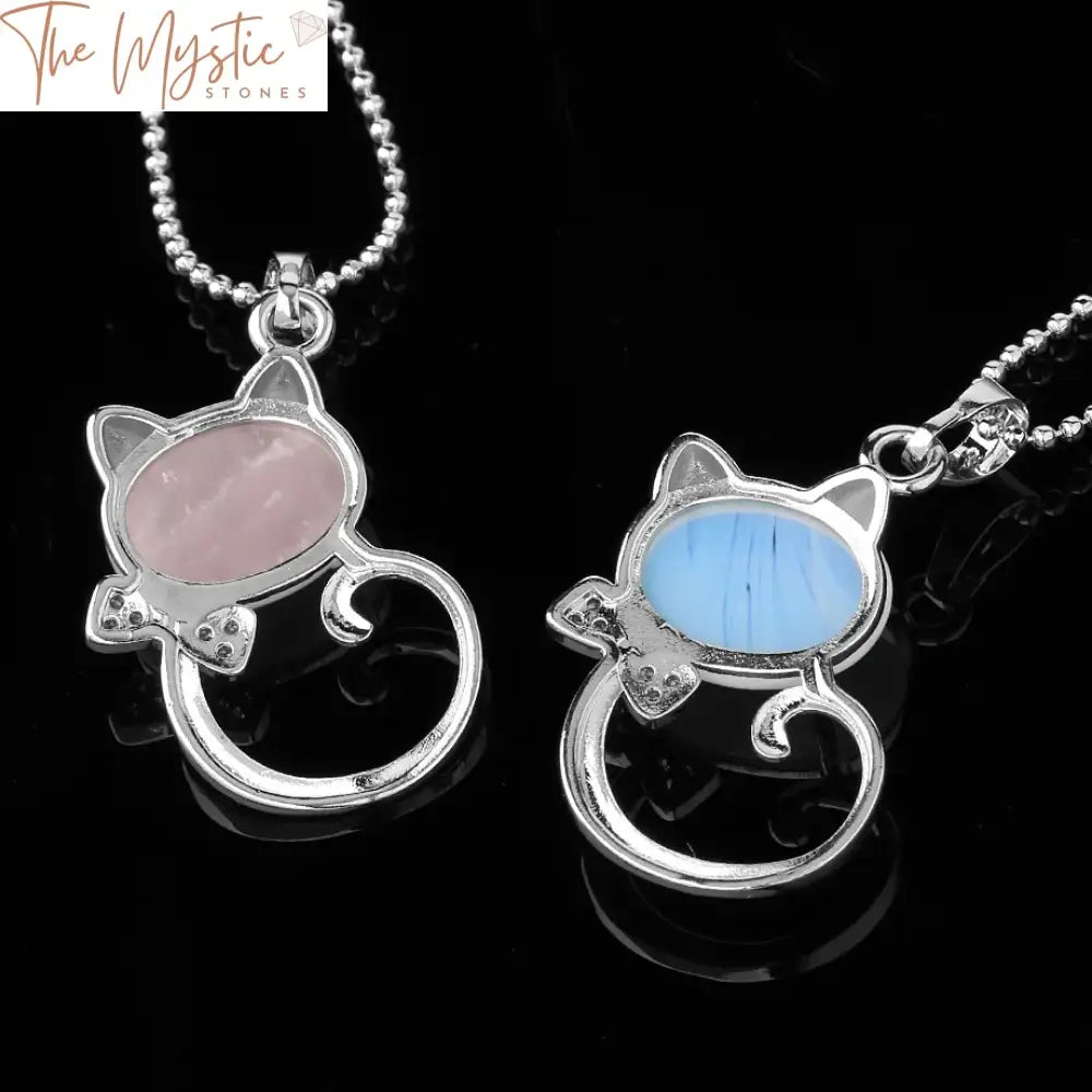 Natural Stone Cat Pendant Necklace With Zircon Bow