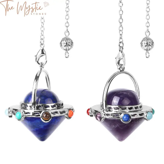 A 7 Chakra Crystal Pendulum is shown, featuring a natural stone design resembling an alien spaceship.