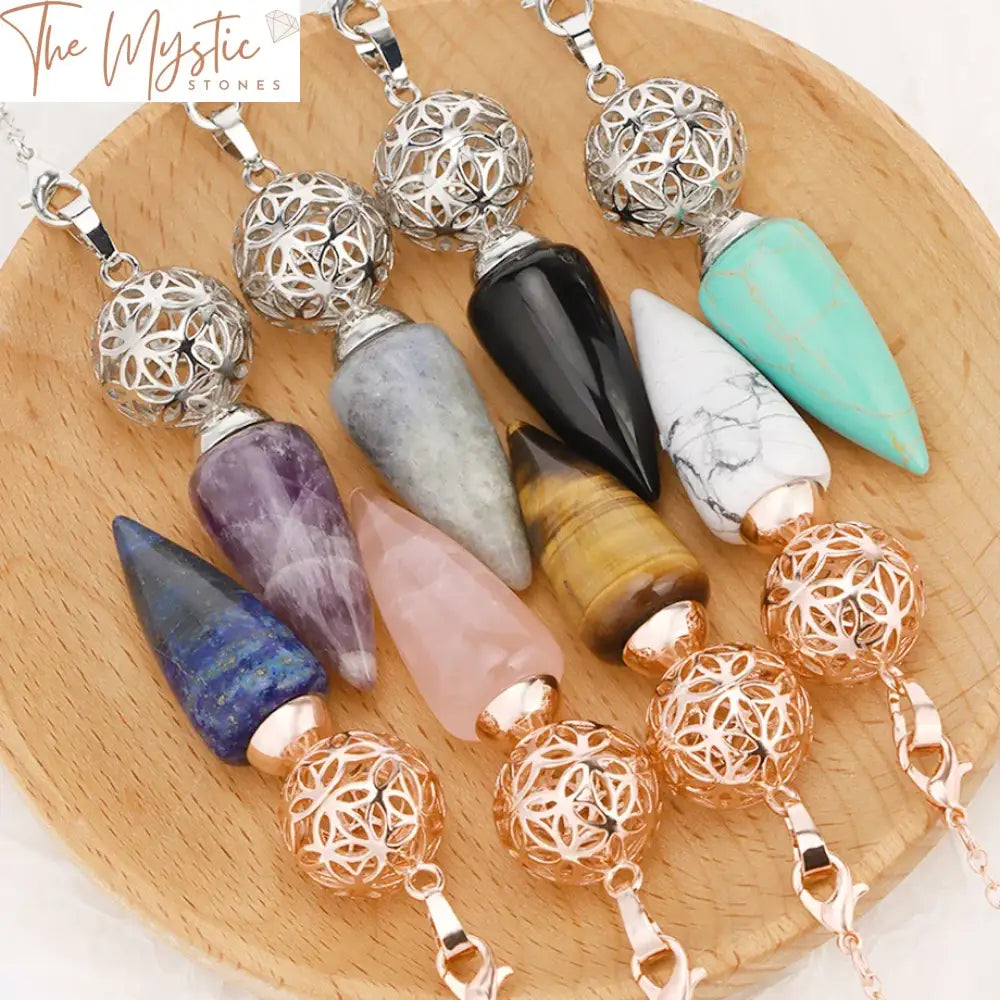 Natural Stone Cone Pendulum With Hollow Flower Charm