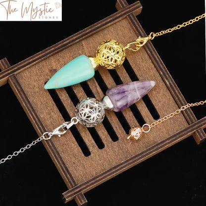 Natural Stone Cone Pendulum With Hollow Flower Charm