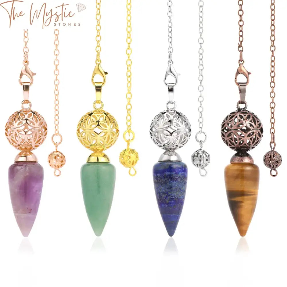 A natural stone cone pendulum is suspended by a delicate chain, featuring a hollow flower ball charm.