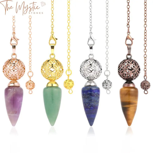 A natural stone cone pendulum is suspended by a delicate chain, featuring a hollow flower ball charm.