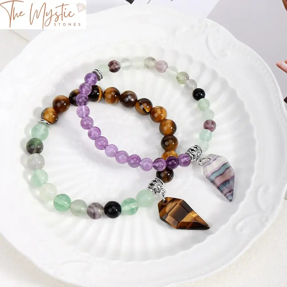 Natural Stone Couple Bracelet Set - Tiger Eye & Fluorite Beads