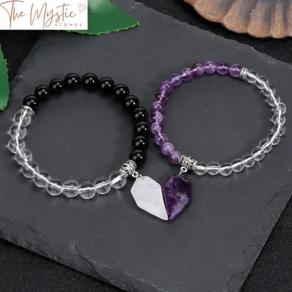 Two natural stone bracelets are displayed, each consisting of smooth round beads.