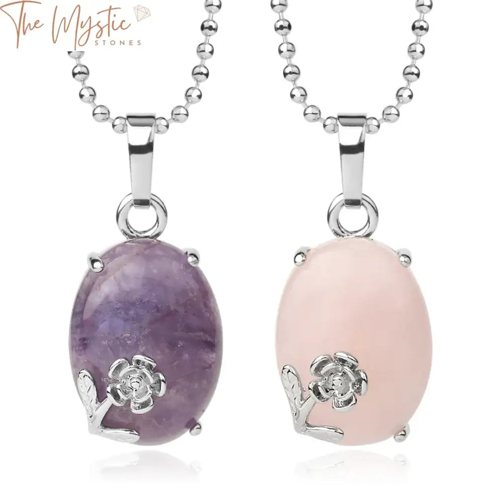 A delicate egg-shaped natural stone pendant necklace featuring a mix of purple crystal and pink quartz cabochon beads.