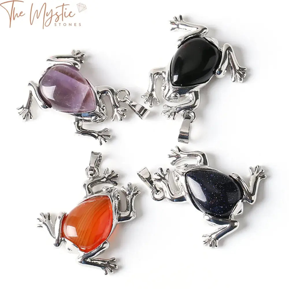 A collection of pear-shaped stone pendants featuring a central design of a lucky frog.