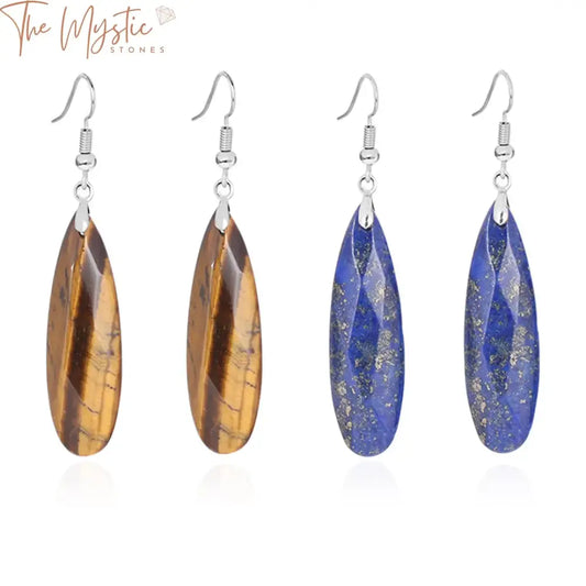 The image features a pair of long dangle earrings for women, showcasing a natural stone design.