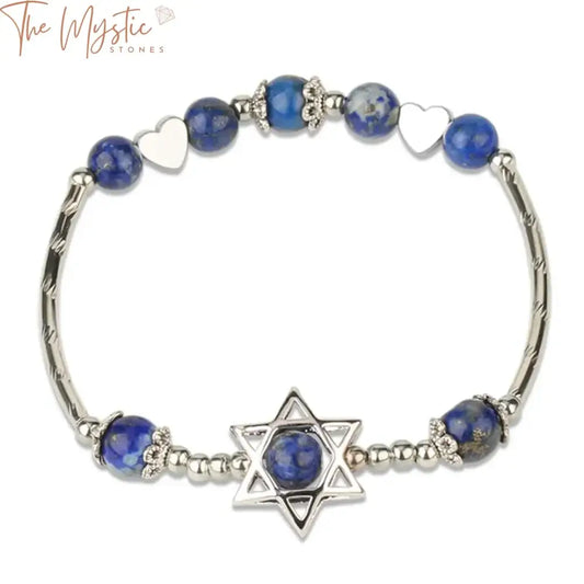 6mm natural stone bracelet featuring hexagram and heart charms, crafted with round crystal quartz beads.