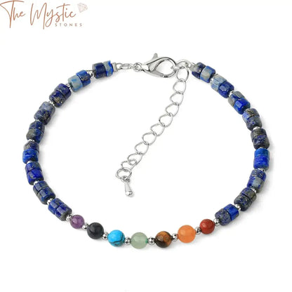 A close-up image of a Mini Wheel Beads bracelet showcasing natural stones in a rainbow of colors, representing the 7 Chakras.