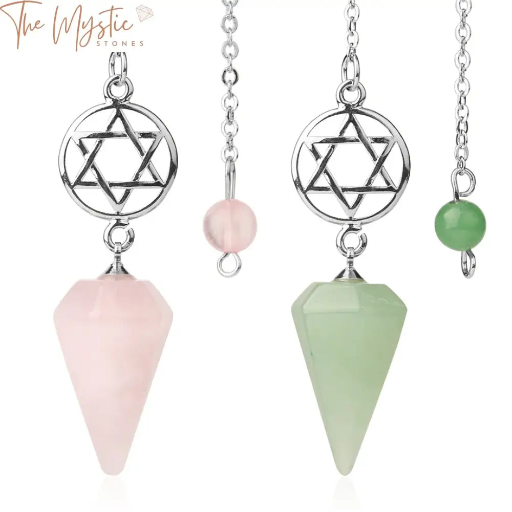 A close-up image displays several natural stone pendulums, each fashioned into a pointed pendant.