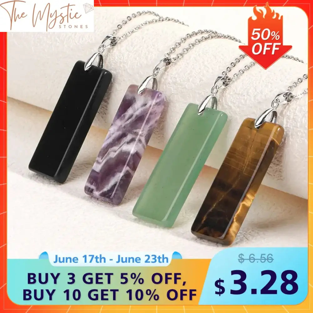 A selection of rectangular natural stone pendants is displayed, featuring stones like fluorite, amethyst, and tiger eye.