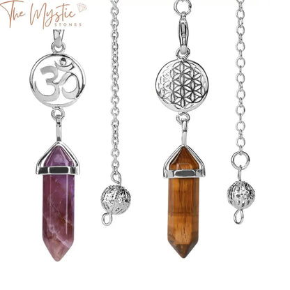 A collection of Flower of Life pendulums displayed against a neutral background.