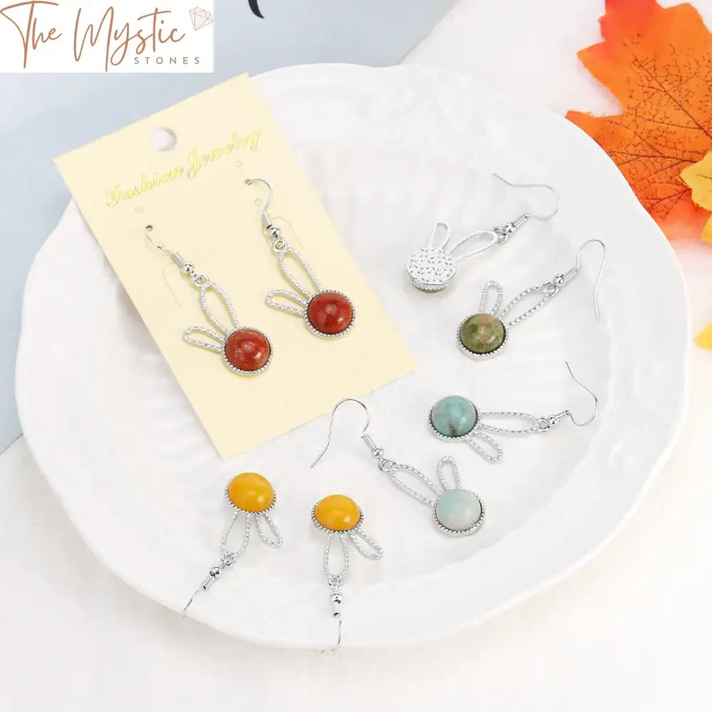 Natural Stone Rabbit Charm Drop Earrings