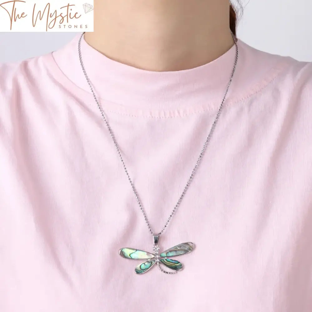 New Zealand Abalone Dragonfly Pendant Necklace With Zircon